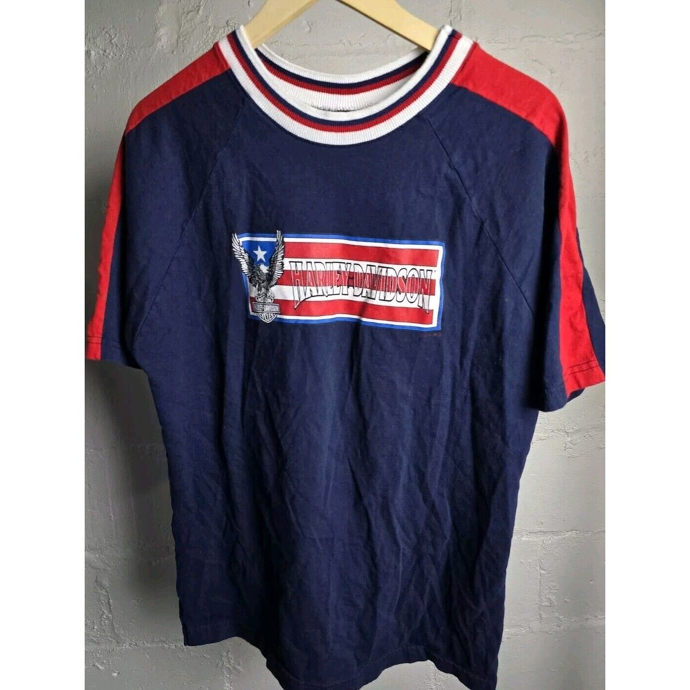 VTG 1998 90s Harley Davidson T Shirt Mens Medium Red White Blue USA Ringer Tee